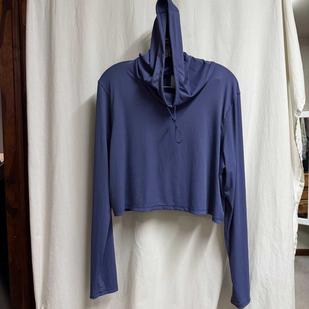 OFFLINE by Aerie Ribbed Cropped Hoodie Blue Long Sleeve Thumbhole XL Athleisure